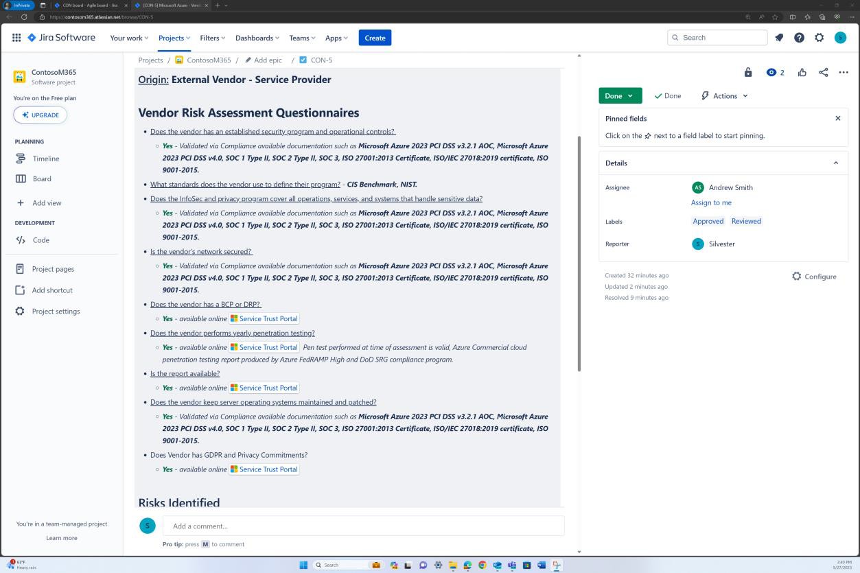 L'epica del fornitore di Jira con il questionaire di valutazione del rischio del fornitore e le risposte completate.