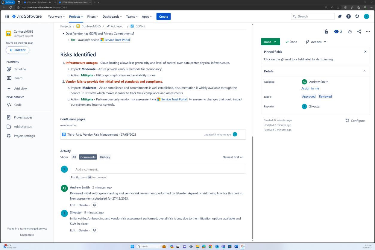 L'epica del fornitore di Jira con i rischi identificati e il log attività.