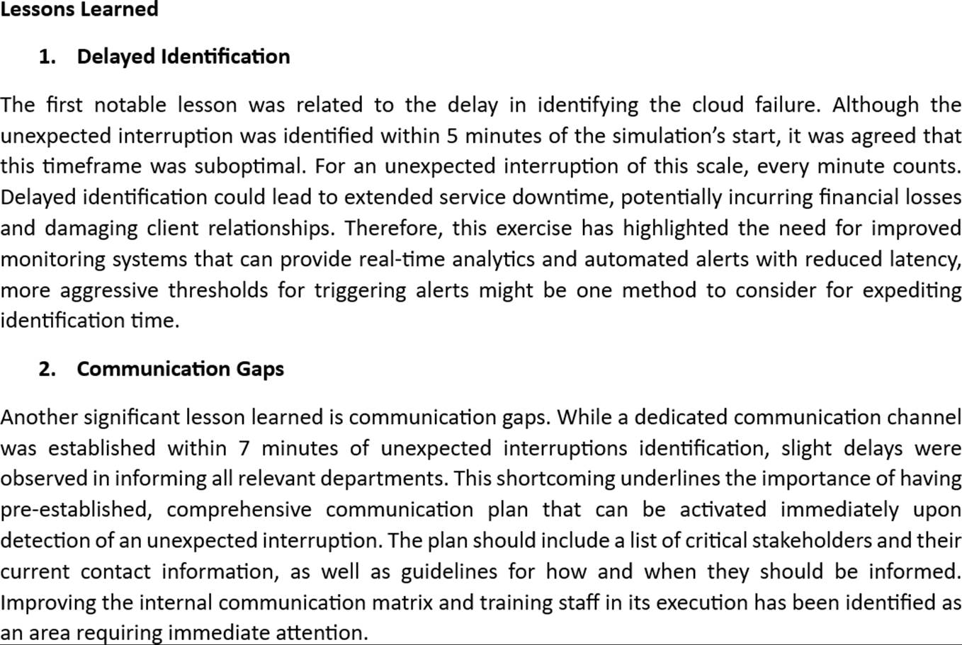 Le lezioni apprese sui documenti del piano di ripristino di emergenza includono le lacune di identificazione e comunicazione ritardate.