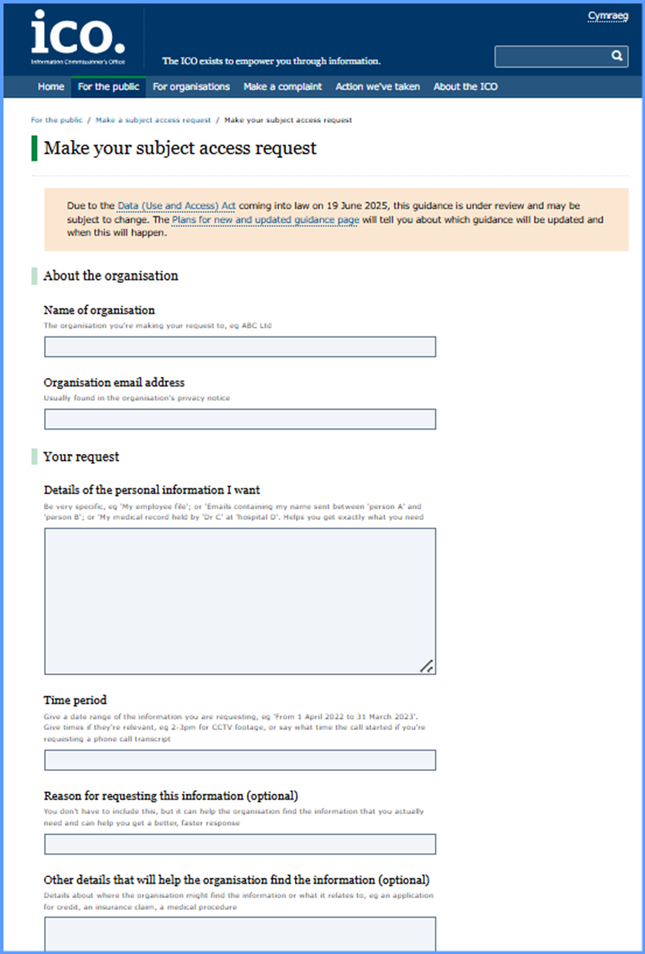 Modulo di richiesta di accesso soggetto ICO online.