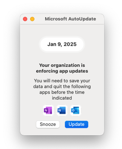 Screenshot che mostra un avviso di Microsoft AutoUpdate che visualizza la data 