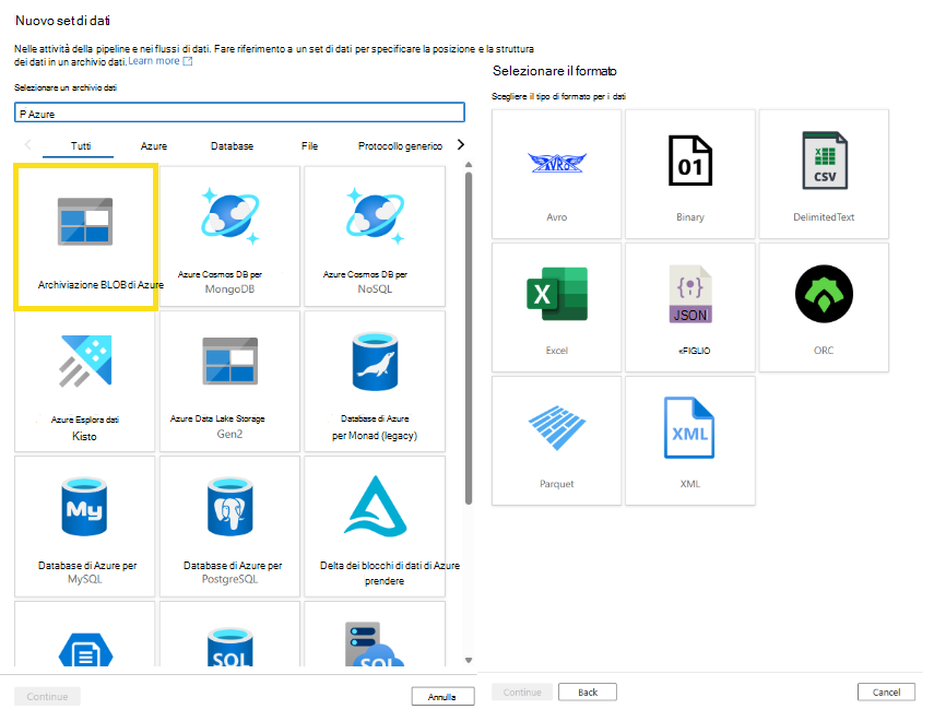 Screenshot che mostra come creare un nuovo set di dati di origine.
