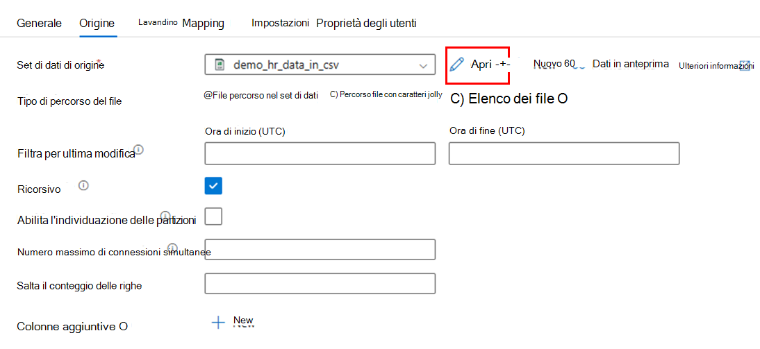 Screenshot che mostra come aprire il set di dati di origine.