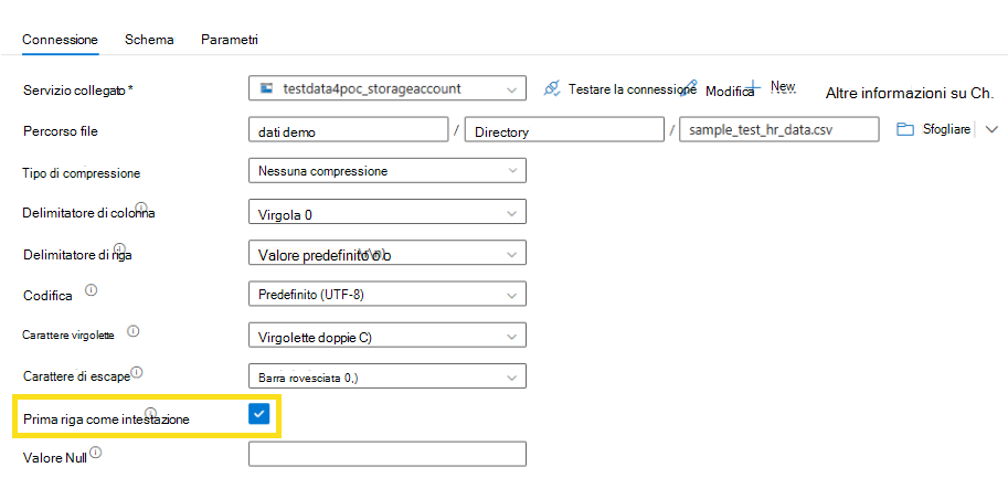 Screenshot che mostra come selezionare la prima riga come intestazione.