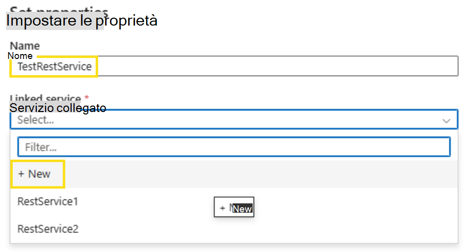 Screenshot che mostra come assegnare un nome al servizio e aggiungere un nuovo servizio collegato.