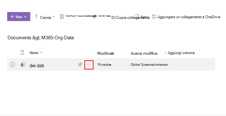 Uno screenshot mostra l'opzione con i puntini di sospensione accanto a un file in una raccolta di SharePoint. 