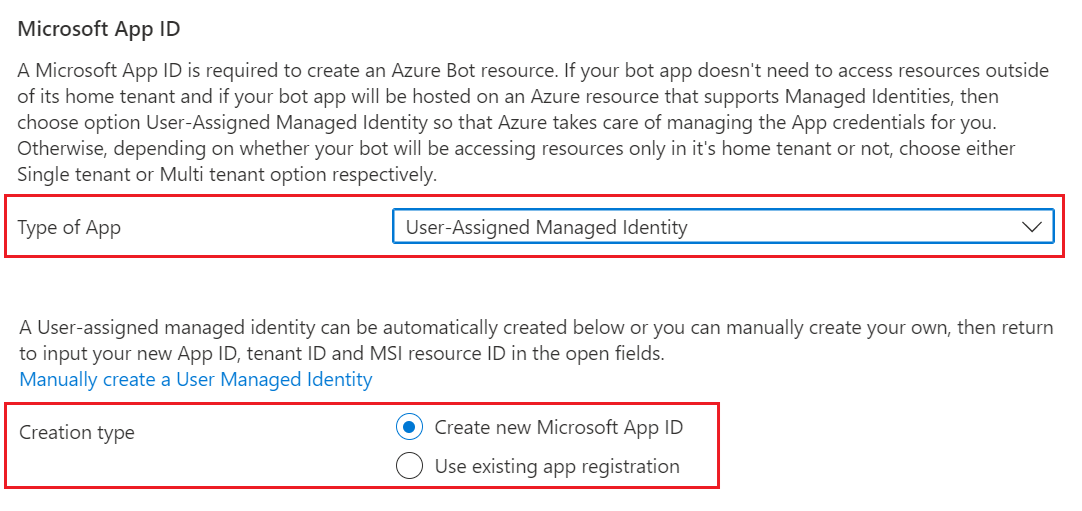 Screenshot della sezione configurazione dell'ID app Microsoft Azure Bot con le opzioni di gestione delle identità.