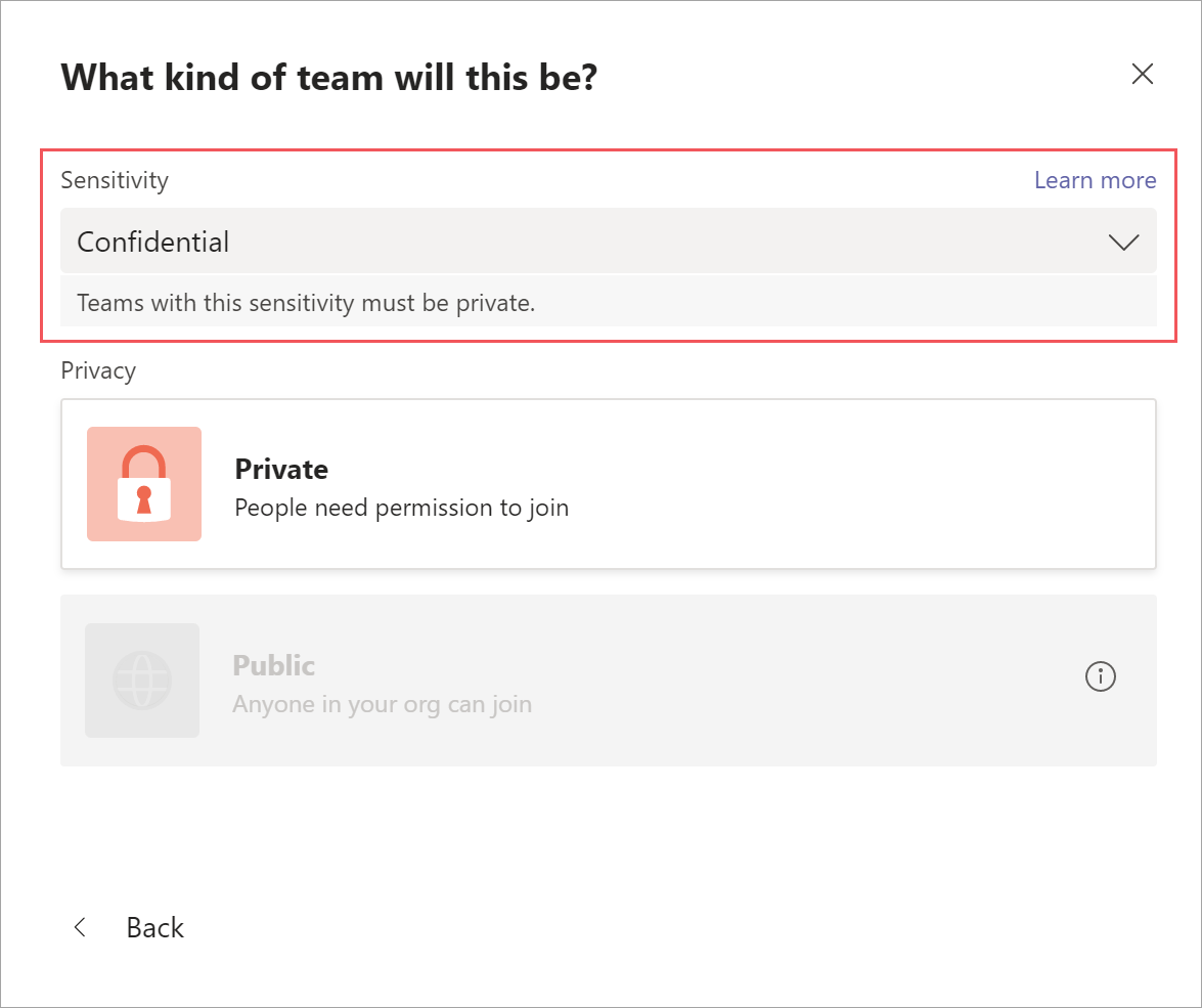 Impostazioni di privacy durante la creazione di un nuovo team.