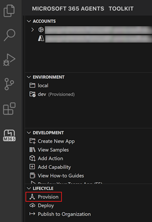 A screenshot of the Provision option in the Lifecycle pane of Agents Toolkit