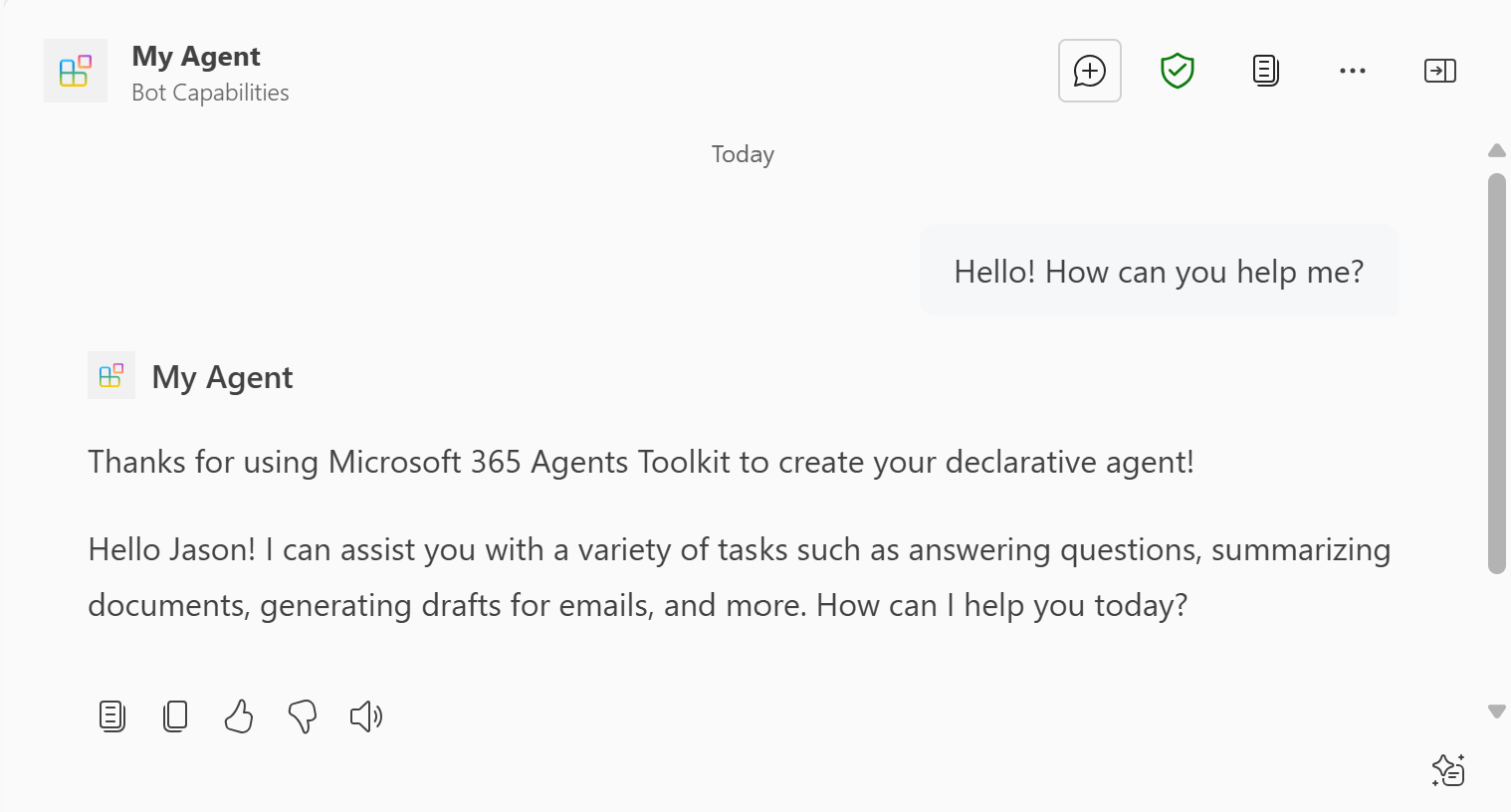 Screenshot shows the answer from the declarative agent in Microsoft 365 Copilot.