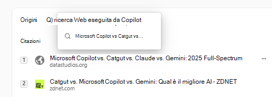 Screenshot delle citazioni di query di ricerca Web in Microsoft 365 Copilot.