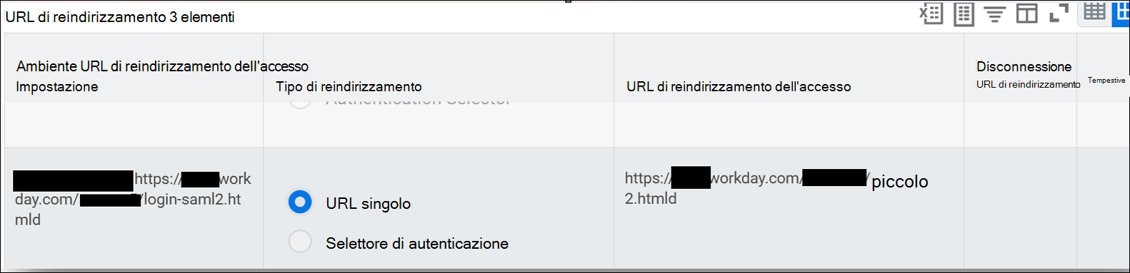 Screenshot della pagina in cui si configura l'URL di reindirizzamento