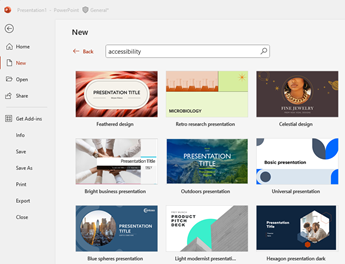Immagine che mostra i modelli di accessibilità di Microsoft PowerPoint.