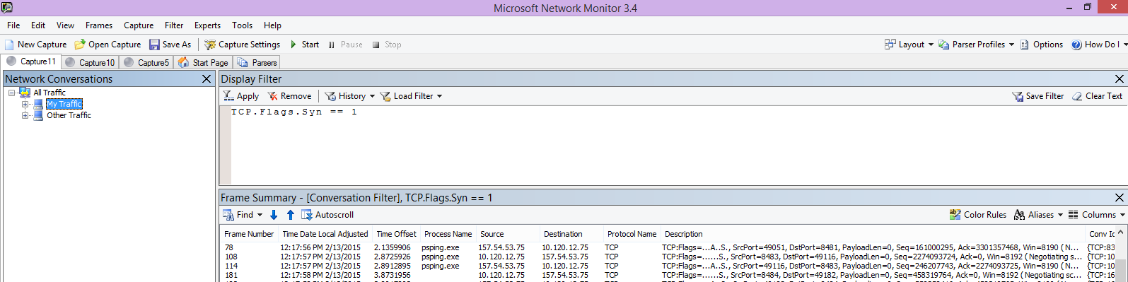 Traccia netmon dal client che mostra lo stesso comando PSPing tramite il filtro TCP. Flags.Syn == 1.