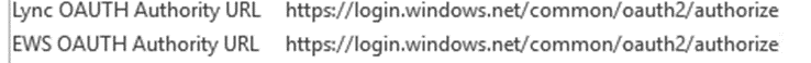 Le informazioni di configurazione di un client Skype for Business tramite l'autenticazione moderna mostrano un URL dell'autorità OAUTH di Lync ed EWShttps://login.windows.net/common/oauth2/authorize.