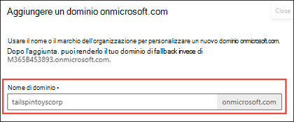 Screenshot della pagina Aggiungi dominio onmicrosoft.