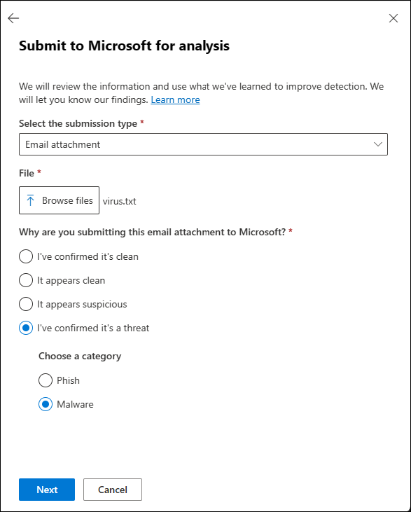 Inviare un allegato di posta elettronica falso negativo (non valido) a Microsoft per l'analisi nella pagina Invii nel portale di Defender.