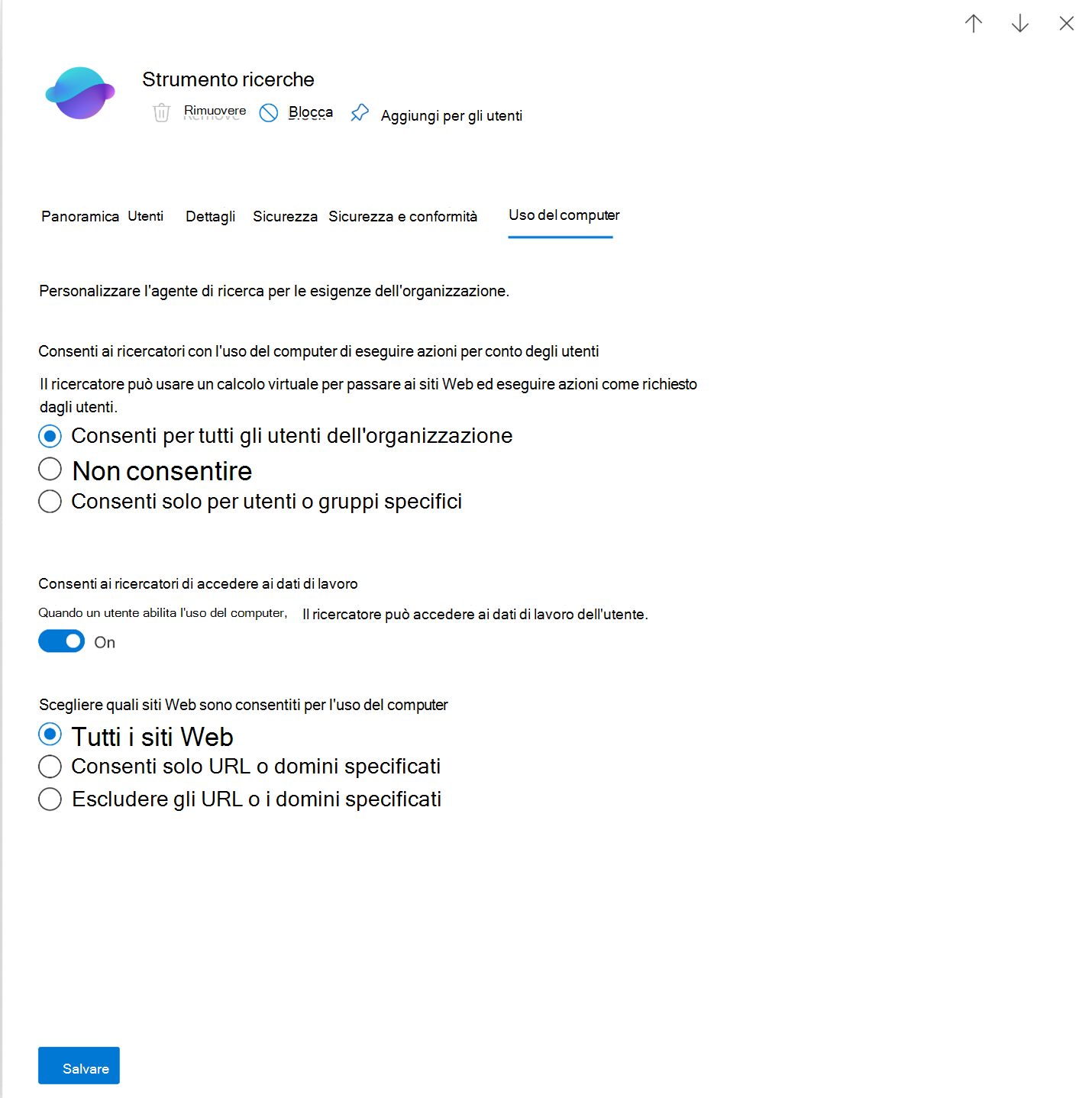 Screenshot che mostra la pagina Ricercatore per uso computer.