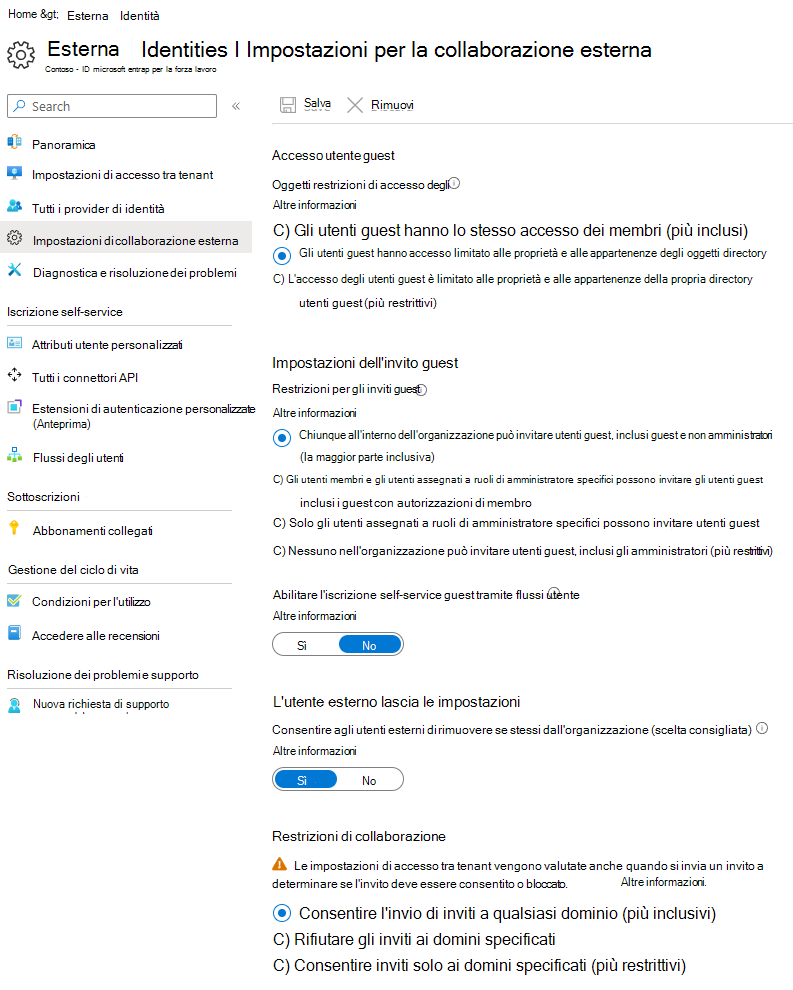Screenshot della pagina delle impostazioni di collaborazione esterna di Microsoft Entra.