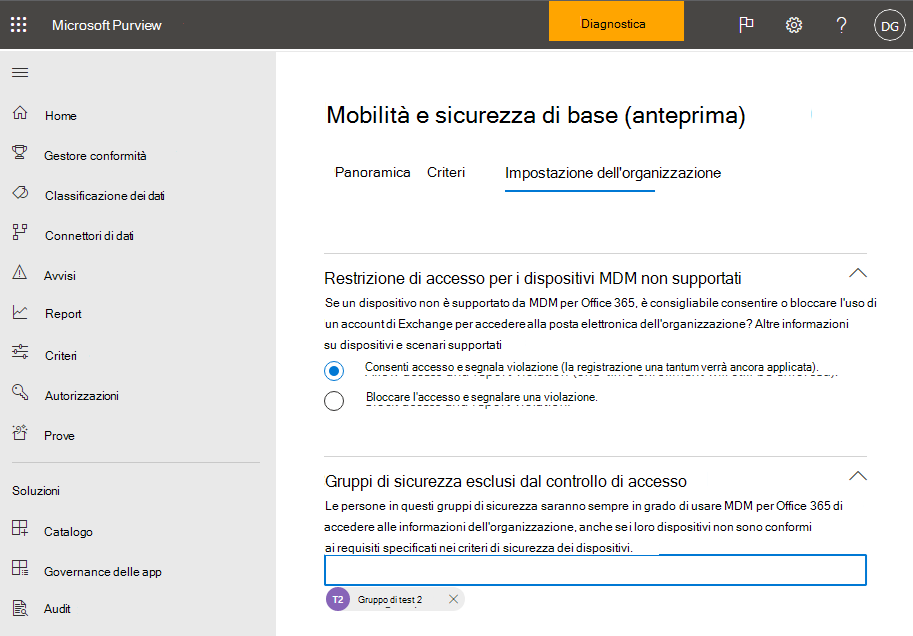 Mobilità e sicurezza di base'opzione Consenti accesso.