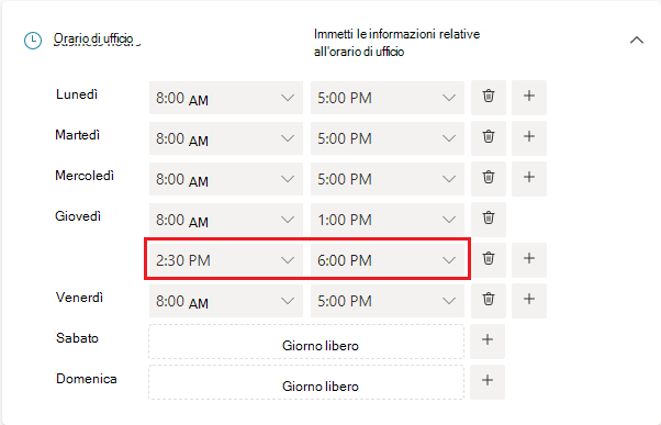Immagine dell'interfaccia utente degli orari di ufficio con l'aggiunta di ore.
