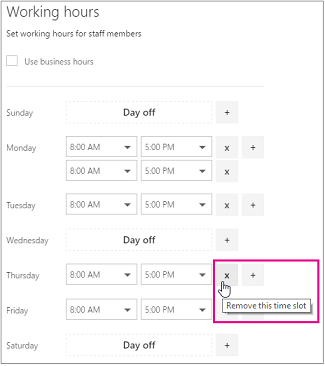 Immagine dello schermo delle ore lavorative del personale di Bookings con il pulsante x sopra il mouse.