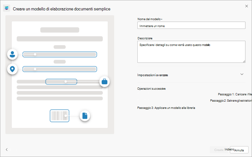 Screenshot del pannello destro della pagina Crea un modello di elaborazione documenti semplice.