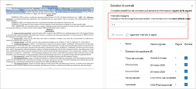 Screenshot del pannello Extractors che mostra l'opzione Intervallo di pagine.