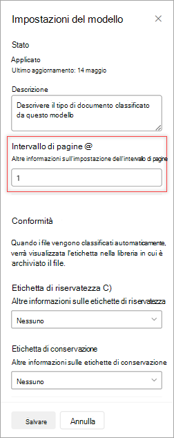 Screenshot del pannello Impostazioni modello che mostra l'opzione Intervallo di pagine.