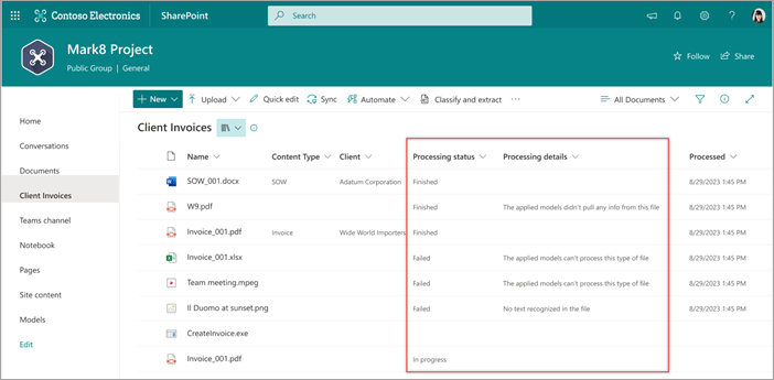 Screenshot di una raccolta documenti che mostra le colonne Stato elaborazione e Dettagli elaborazione.
