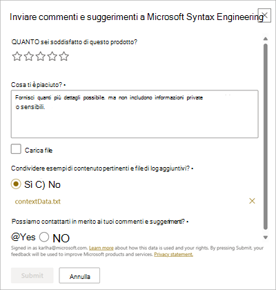 Screenshot della schermata invia commenti e suggerimenti a Microsoft.