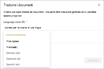 Screenshot che mostra la schermata Traduci documenti con le opzioni della lingua.
