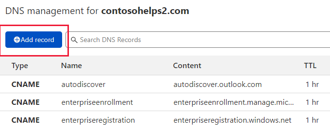 Screenshot in cui si seleziona Aggiungi record per aggiungere un record TXT di verifica del dominio.
