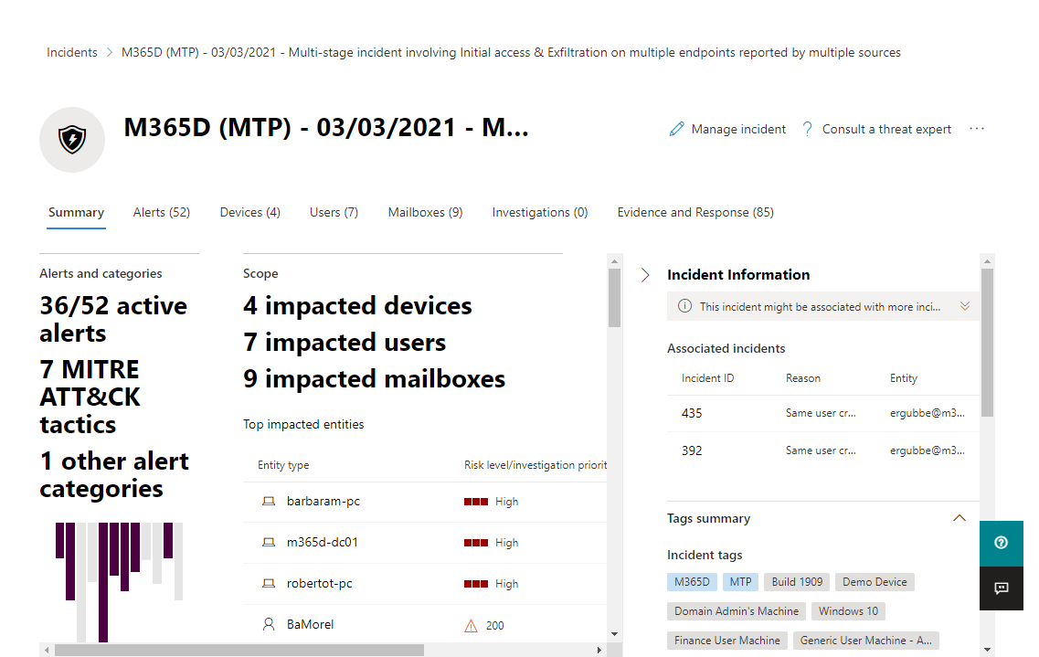 Screenshot che mostra la pagina della storia dell'attacco per un evento imprevisto nel portale di Microsoft 365 Defender.