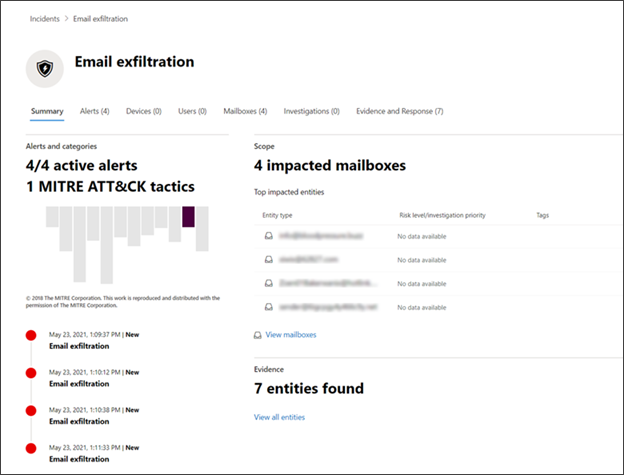 Schermata dei dettagli dell'evento nella scheda Riepilogo del portale di Microsoft 365 Defender