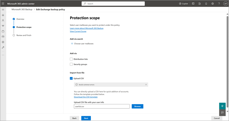Screenshot della sezione Importa da file nella pagina Ambito protezione per Exchange.