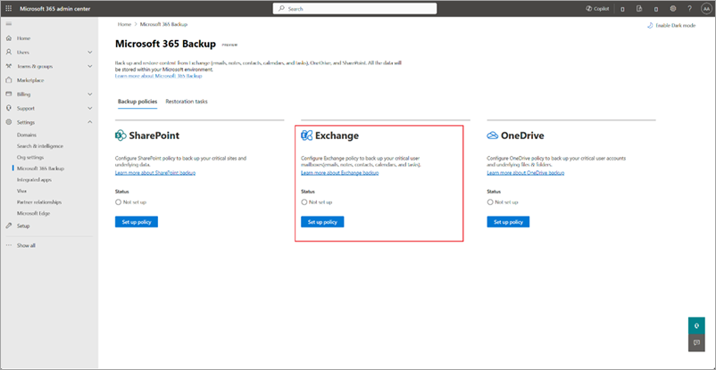 Screenshot della pagina Backup di Microsoft 365 con Exchange evidenziato.