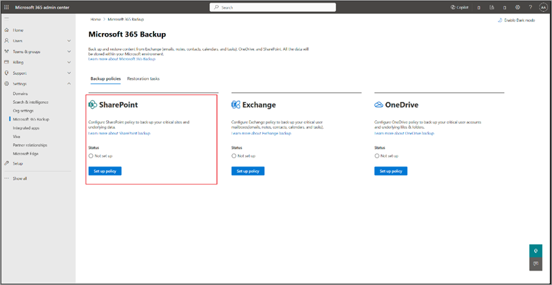 Screenshot della pagina Backup di Microsoft 365 con SharePoint evidenziato.