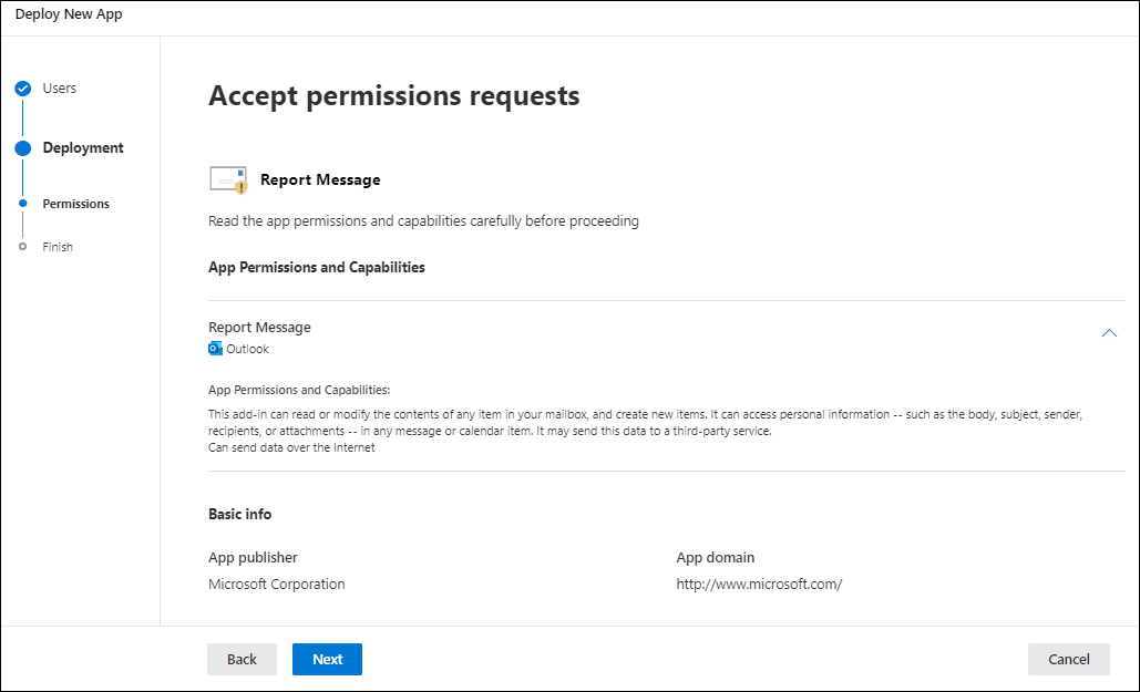 Pagina Accept permissions requests (Accetta richieste di autorizzazioni) di Deploy New App (Distribuisci nuova app).