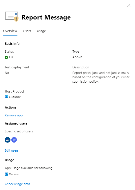 La scheda Panoramica nel riquadro a comparsa dei dettagli del componente aggiuntivo Report Message nel interfaccia di amministrazione di Microsoft 365.