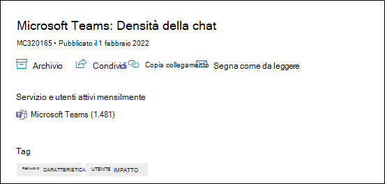 Screenshot: visualizzazione della pagina di densità di Microsoft Teams Chat nel post del centro messaggi con dati utente attivi mensili