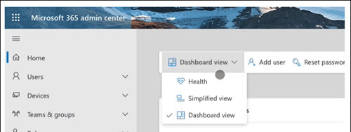 Screenshot: scegliere Integrità dal menu Visualizza interfaccia di amministrazione di Microsoft 365