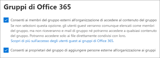 Screenshot delle impostazioni guest Gruppi di Microsoft 365 in interfaccia di amministrazione di Microsoft 365.