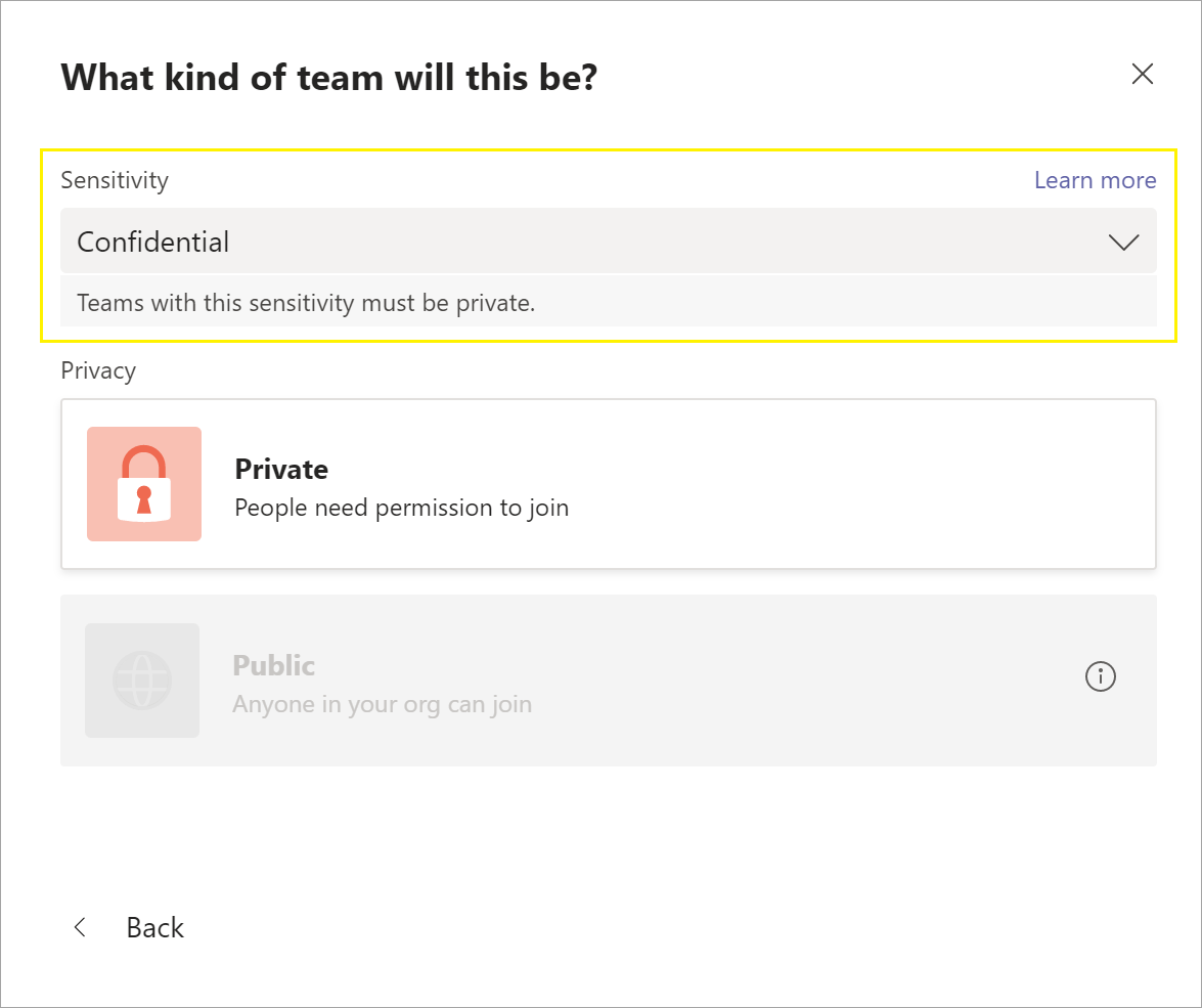 Impostazioni di privacy durante la creazione di un nuovo team.