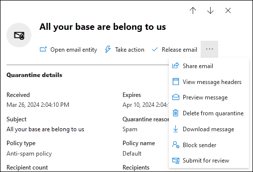 Screenshot delle azioni disponibili nel riquadro a comparsa dei dettagli che si apre dopo aver selezionato un messaggio in quarantena nella scheda Email della pagina Quarantena.