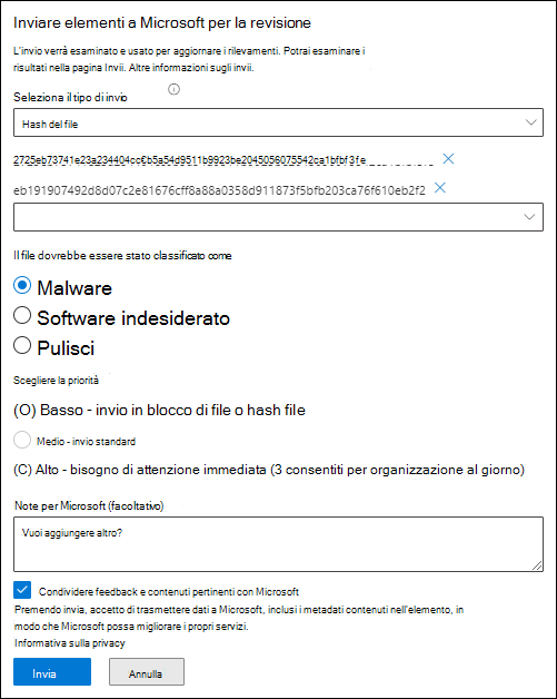 Screenshot che mostra come inviare hash di file.
