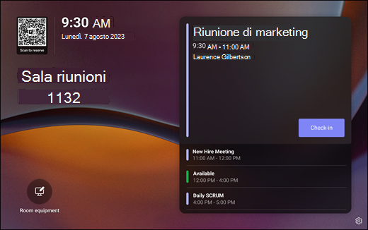 Screenshot che mostra la schermata iniziale dei pannelli di Teams. Le informazioni sulla riunione corrente vengono visualizzate sullo schermo con un pulsante di archiviazione.