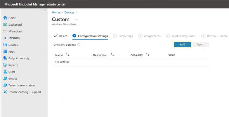Impostazioni di configurazione nel portale dell'interfaccia di amministrazione di Microsoft Endpoint Manager