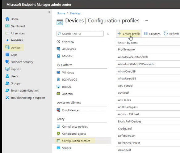 Pagina Crea profilo nel portale dell'interfaccia di amministrazione Microsoft Intune.
