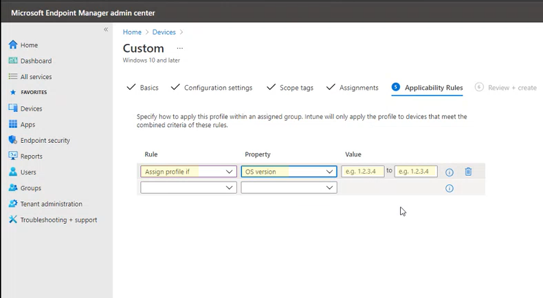 Regole di applicabilità nel portale dell'interfaccia di amministrazione Microsoft Intune